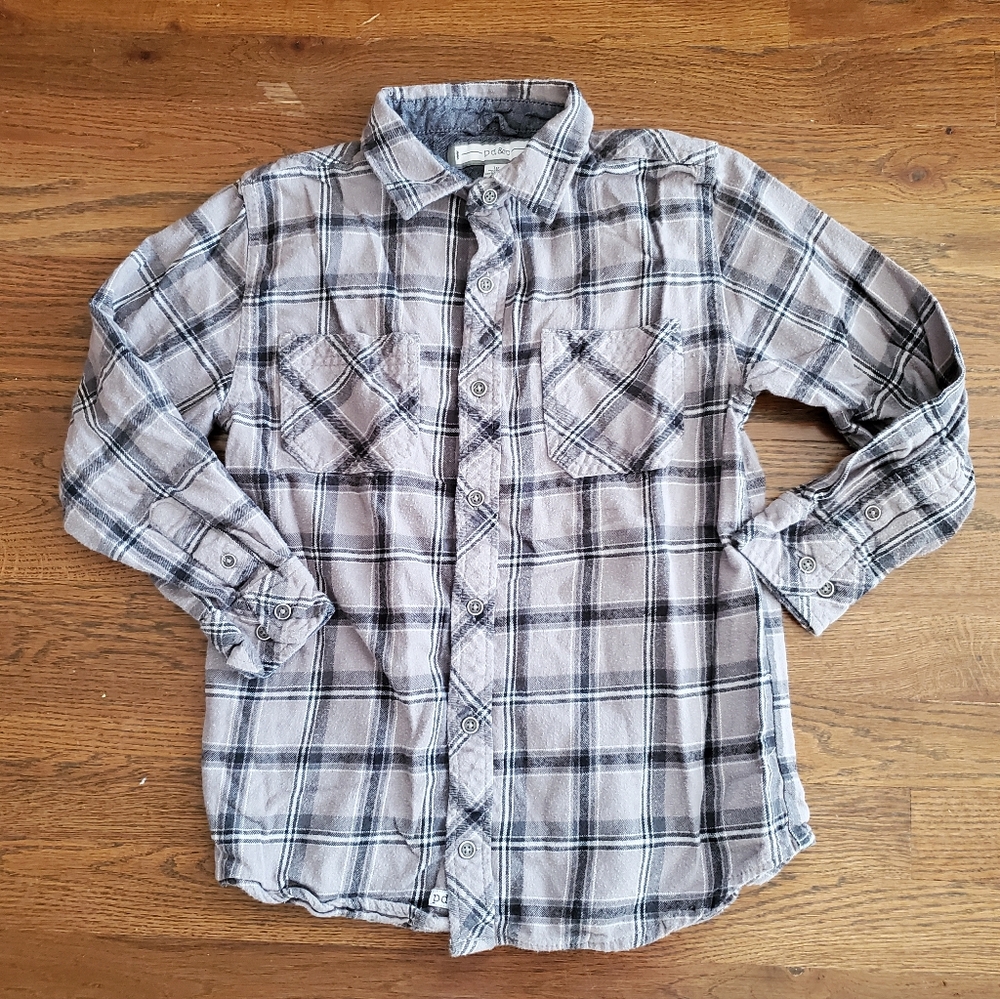 PD&C Boys 10 gray plaid button front shirt